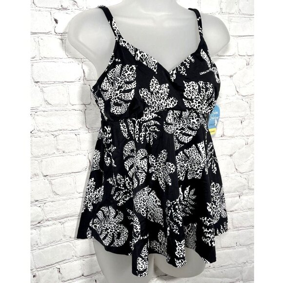 Swim Solutions Size Black Spotted Leaves Underwire Tankini Top Size 12 - Picture 2 of 5